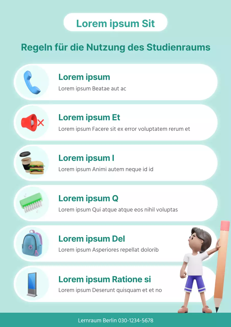 Ein einfaches, mintfarbenes Arbeitszimmer mit Nutzungsregeln