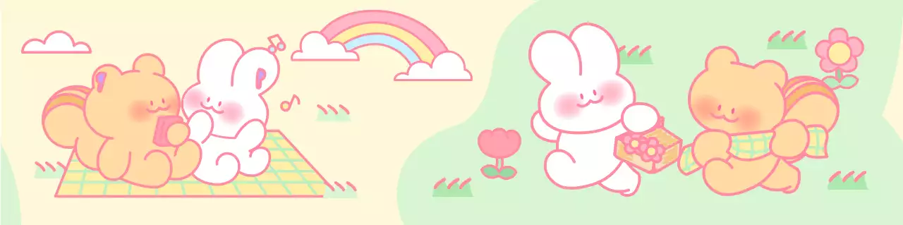 Merchandising a fantasia con illustrazioni di simpatici scoiattoli e coniglietti gialli