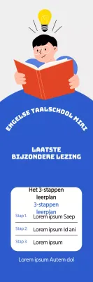 Schoolpromotie met een blauwe illustratie van een leerling die een boek leest