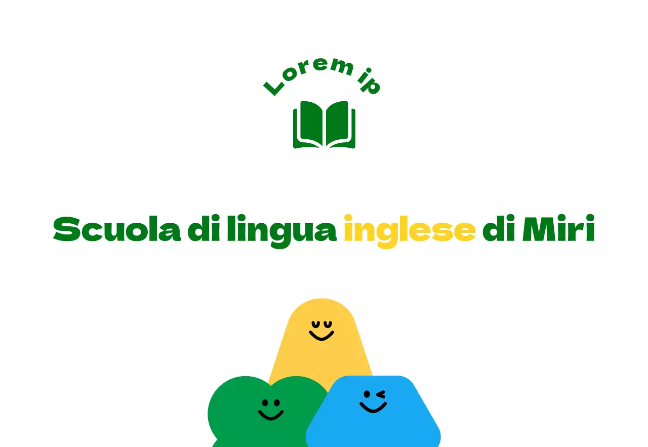 Per la promozione di una scuola di lingua inglese per studenti delle elementari con una simpatica illustrazione di un personaggio dei cartoni animati verde e giallo.