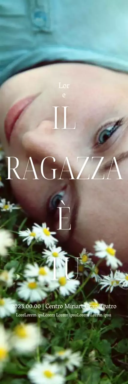 Un film teatrale con un'emozionante foto della protagonista femminile e un layout di caratteri pulito e deciso.