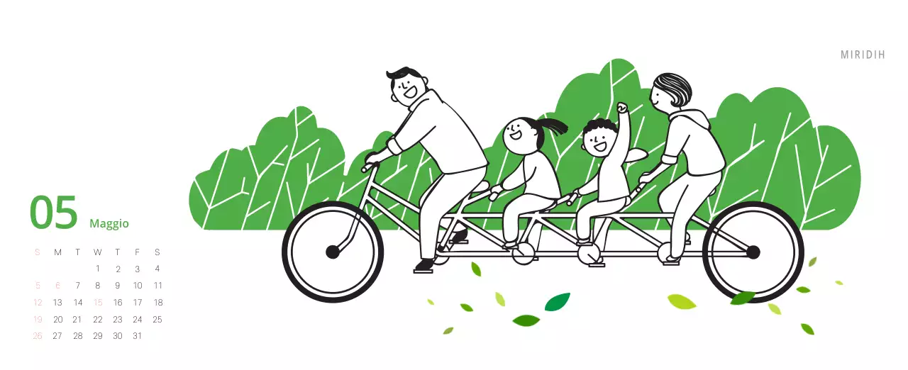 Simpatico calendario da tavolo illustrato verde a tema famiglia