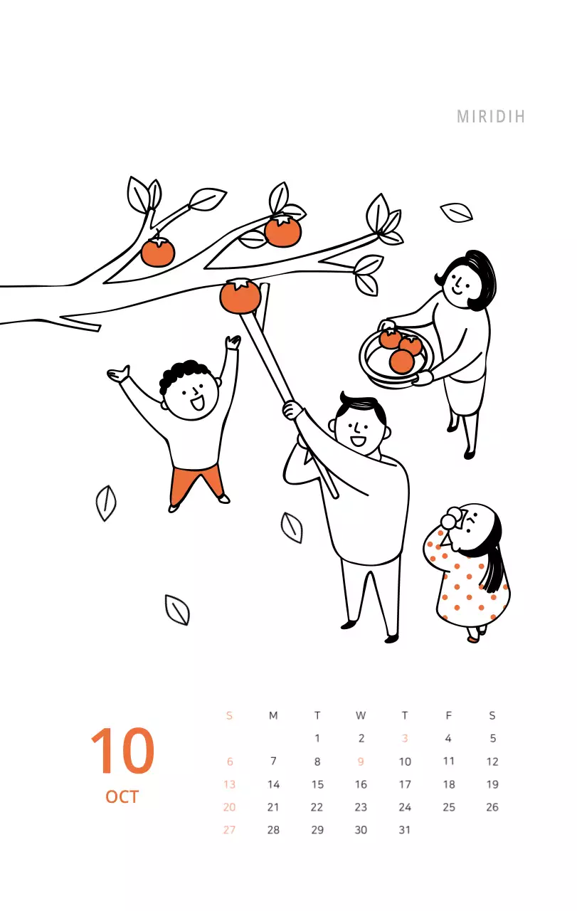 Calendrier de bureau illustré vert sur le thème de la famille