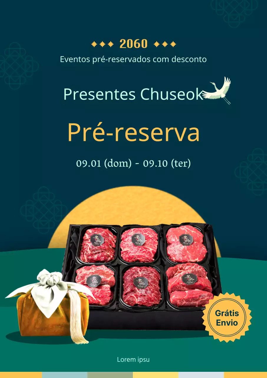 Informações sobre reservas antecipadas para o conjunto Hanwoo de oferta tradicional Chuseok em azul-marinho e amarelo