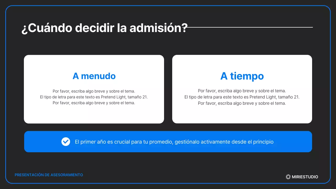 Una presentación de admisión minimalista en negro y azul