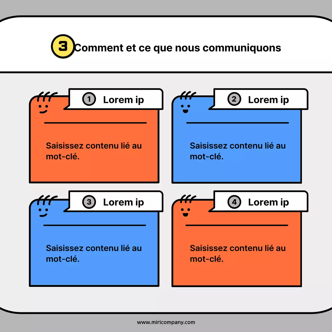 Cartes conceptuelles de personnages mignons en orange et bleuNews Kit
