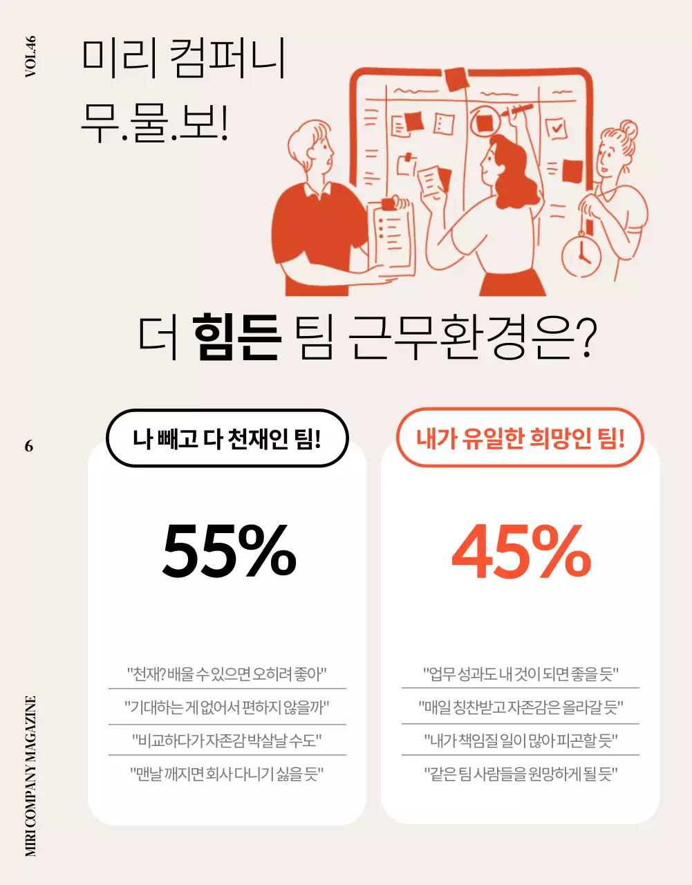 주황색과 베이지색의 아기자기한 회사 사내 잡지