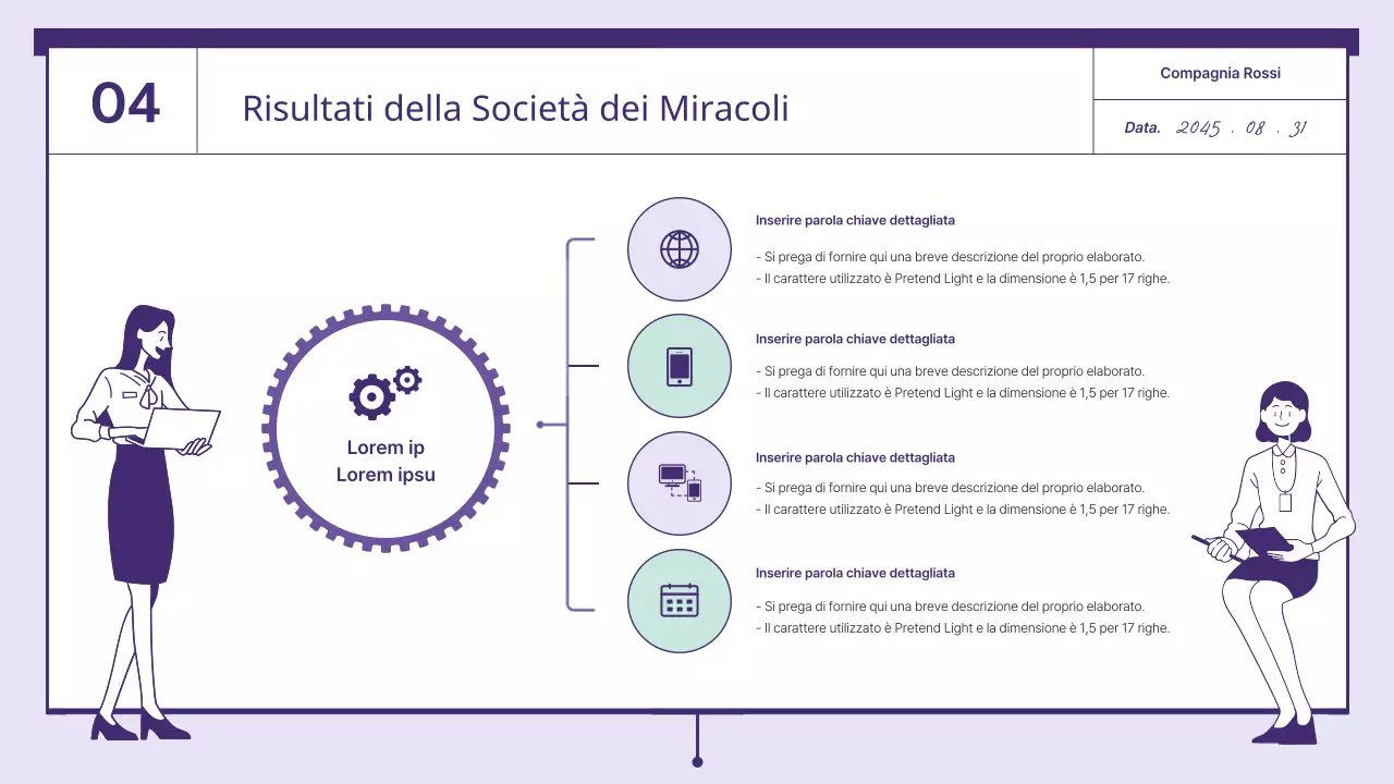 Una proposta con elementi a ingranaggi di colore viola e menta