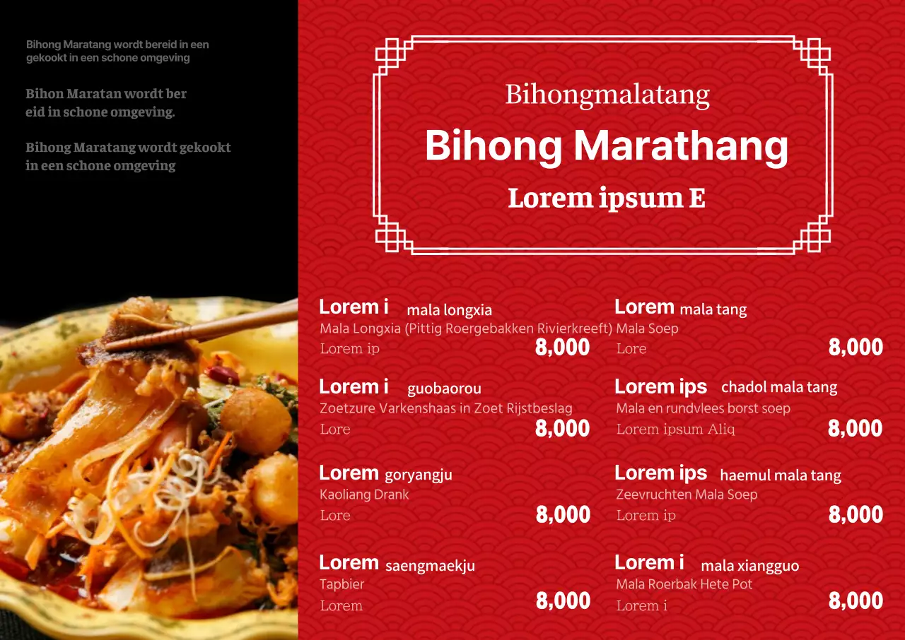Meertalig menubord bij Maratang Cuisine in rood met foto's