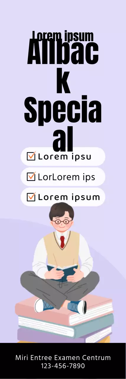 Schoolpromotie met een illustratie van een studerende student op een mauve achtergrond