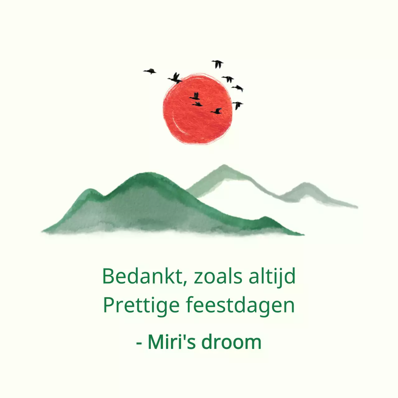 Midwintergroet met groene bergen en rode zon