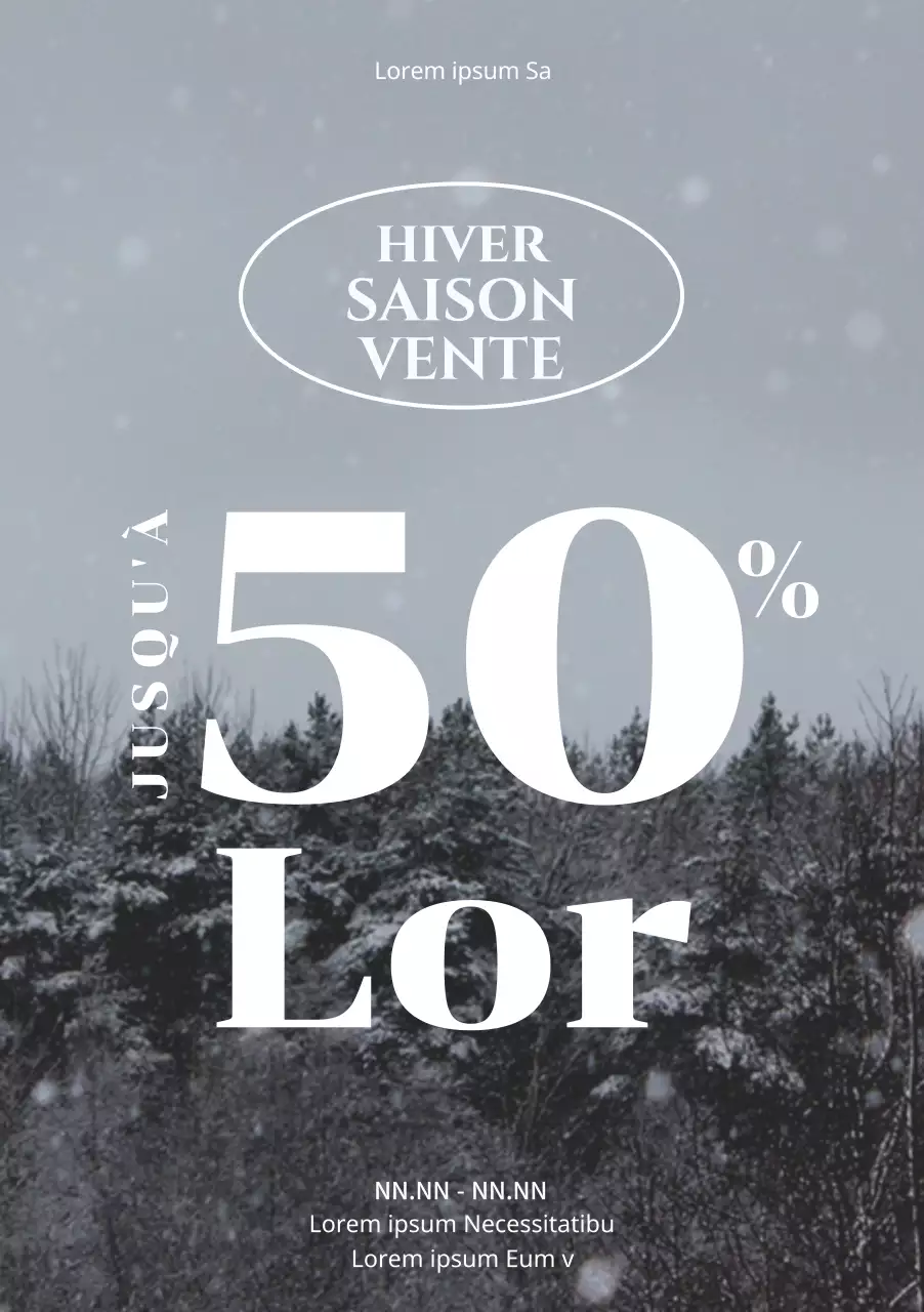 Affiche des soldes d'hiver avec une forte réduction sur fond d'arbre enneigé