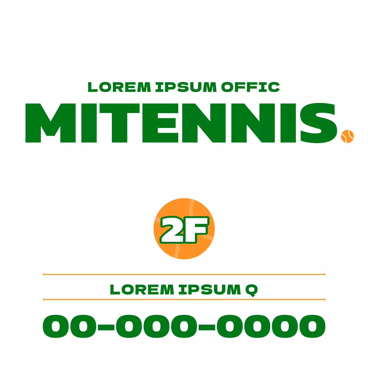 Werbung für eine Tennisschule mit einer Illustration von Tennisutensilien in Grün und Orange.