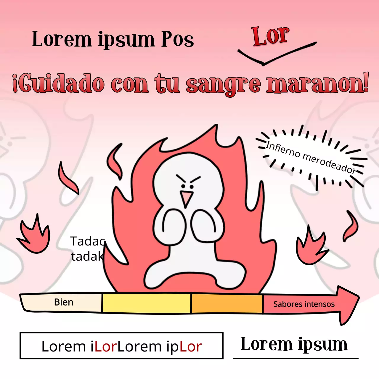Promoción para el lanzamiento de Maratteokbokki, un concepto de dibujos animados de llama picante con un degradado rojo.