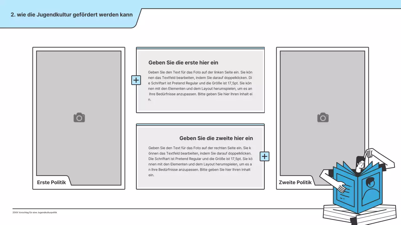 Ein politischer Vorschlag mit einer sauberen Illustration in Hellblau und einer Indexpunktform.
