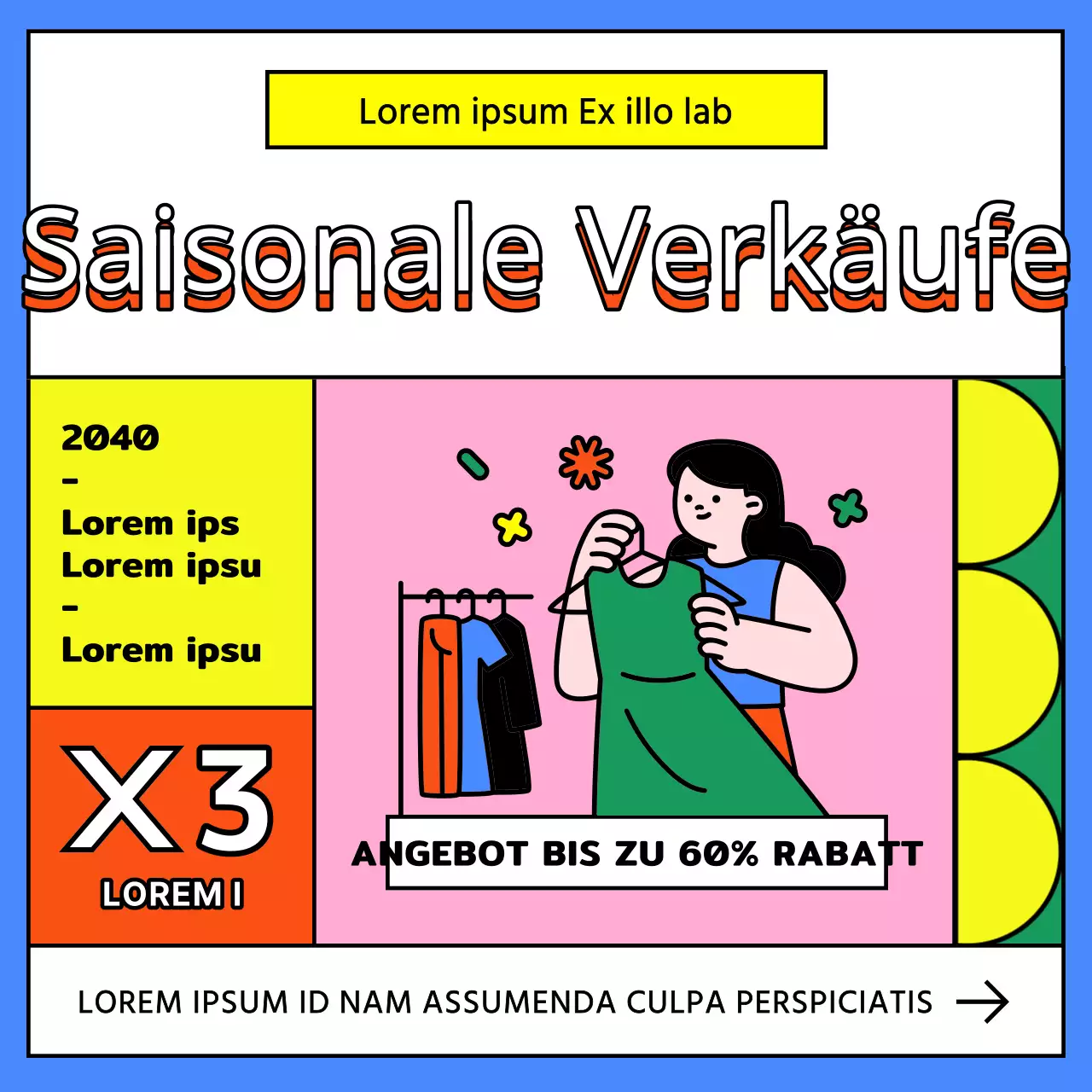 Blaue und regenbogenfarbene Akzente in Ihrer Verkaufsanzeige für Kleidung außerhalb der Saison