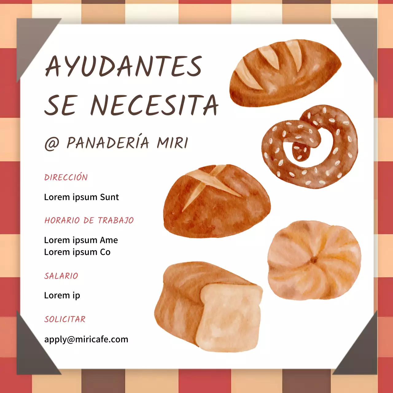 Anuncio de empleo en panadería con fondo a cuadros rojos e ilustración de estilo vintage V1