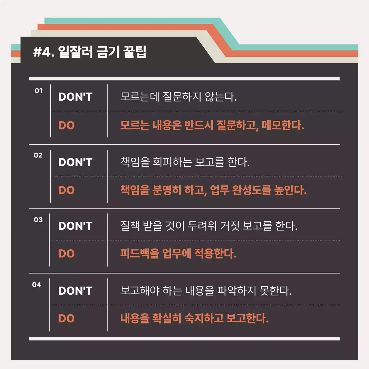 주황색과 민트색의 모던한 신입사원 직장생활 교육자료