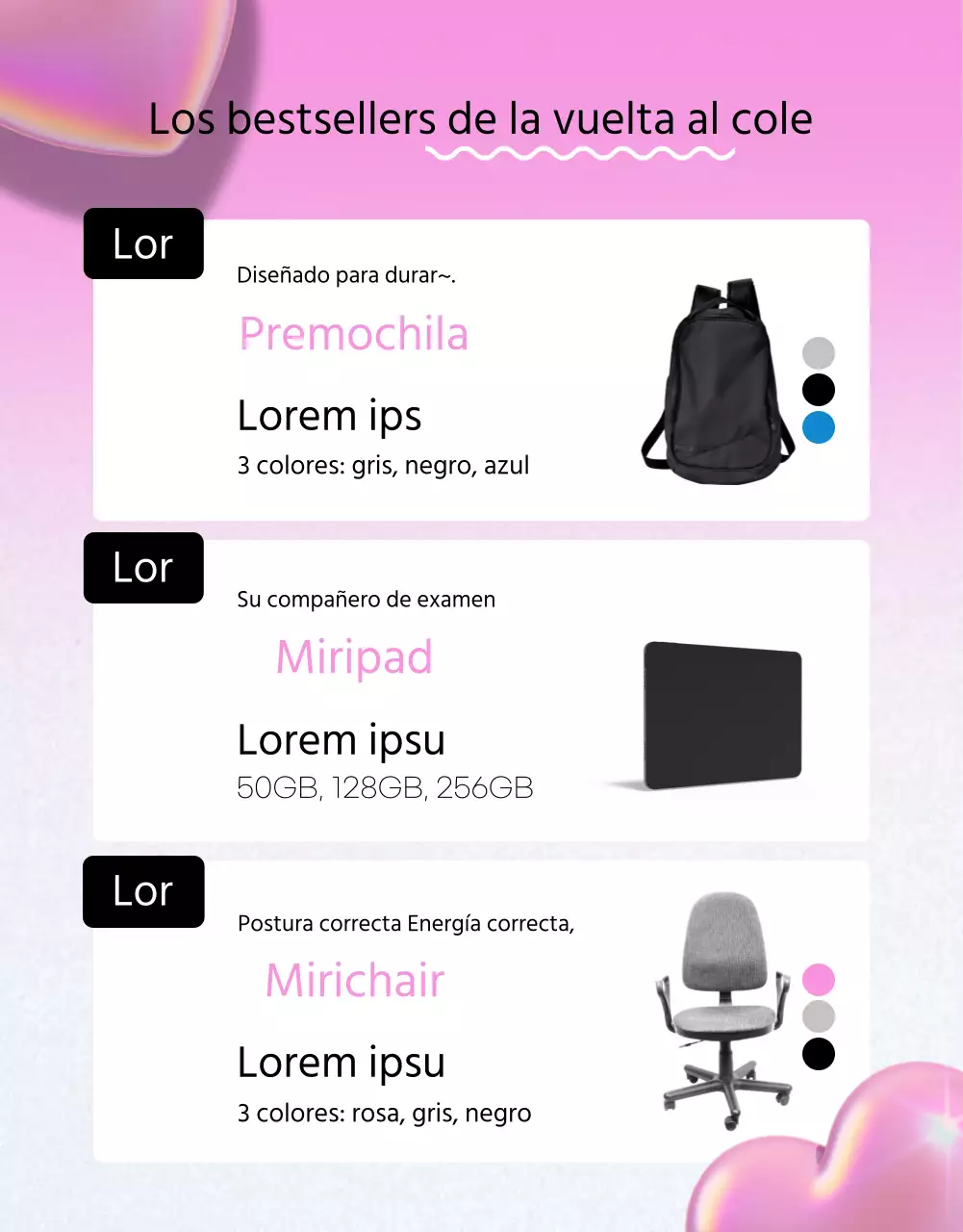 Vuelta al cole con corazones 3D negros y rosas