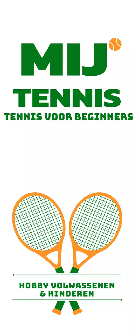 Promotie van een tennisschool met een illustratie van tennisparafernalia in groen en oranje.