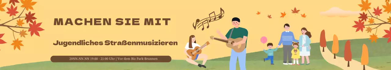 Busking-Banner mit einer Illustration von Menschen, die Musik genießen, vor einem herbstlichen Ahorn-Hintergrund