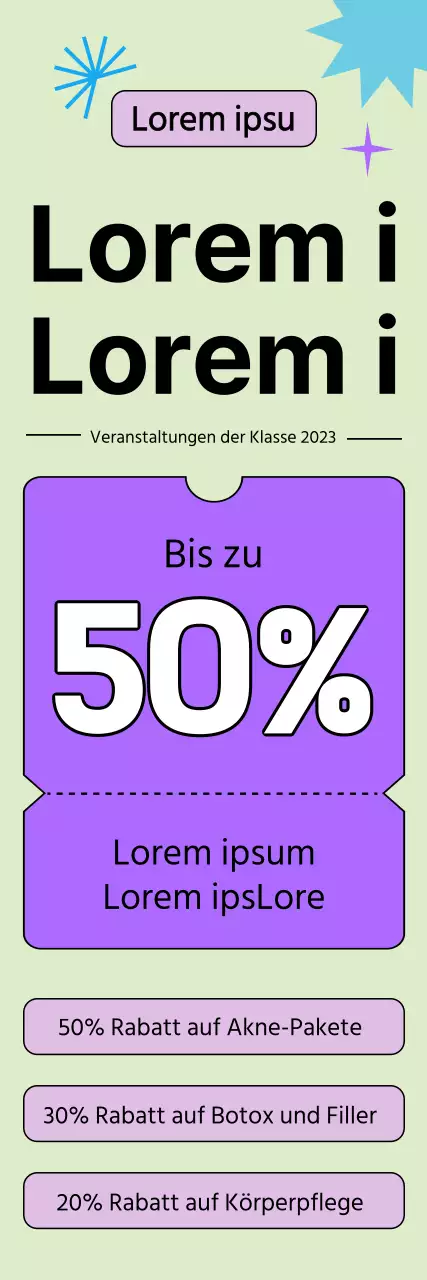 Ein Dermatologie-Rabatt für SAT-Testteilnehmer, mit einem betonten Schriftlayout und pastellfarbenen Grafiken und Gutscheinbildern.