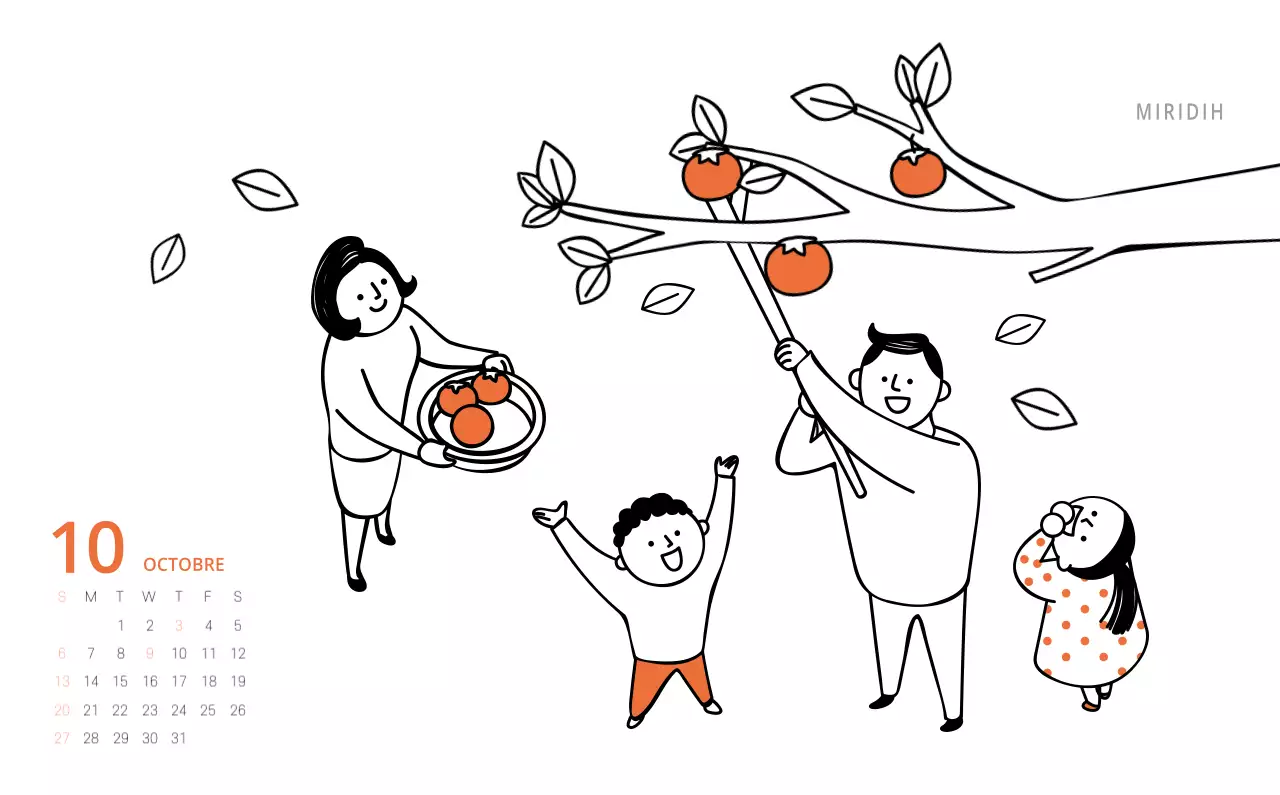 Calendrier de bureau illustré vert sur le thème de la famille