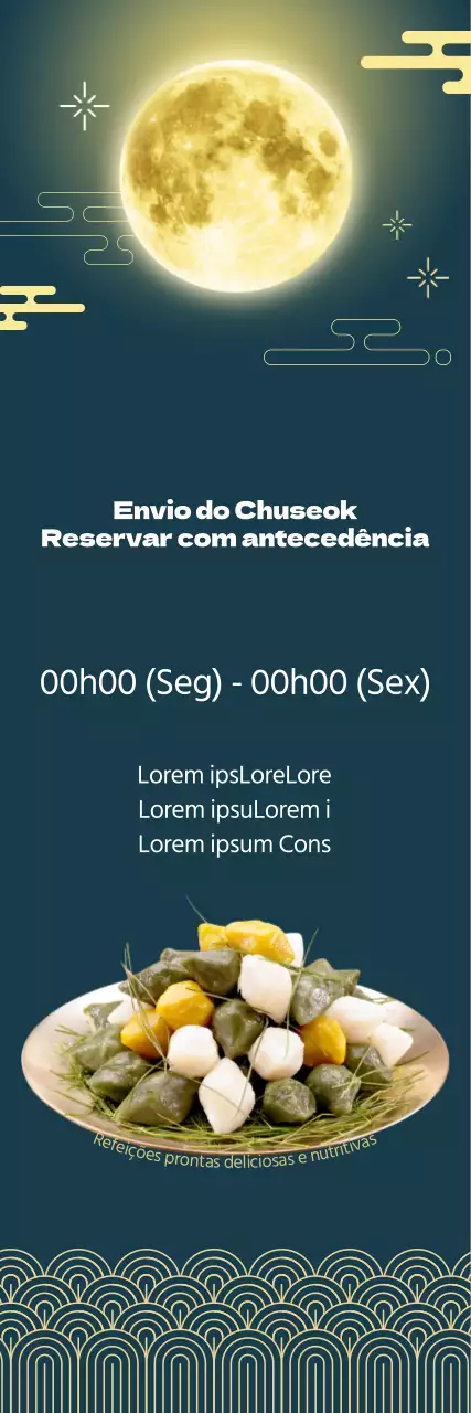 Evento gastronómico Obon com um luxuoso fundo verde escuro e ilustrações tradicionais amarelas