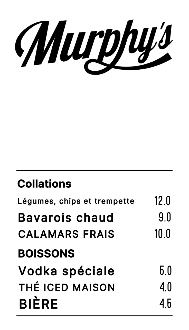 Panneau d'ouverture de menu d'aspect rétro avec texte et illustrations en blanc, noir et rouge pour la devanture d'un pub.