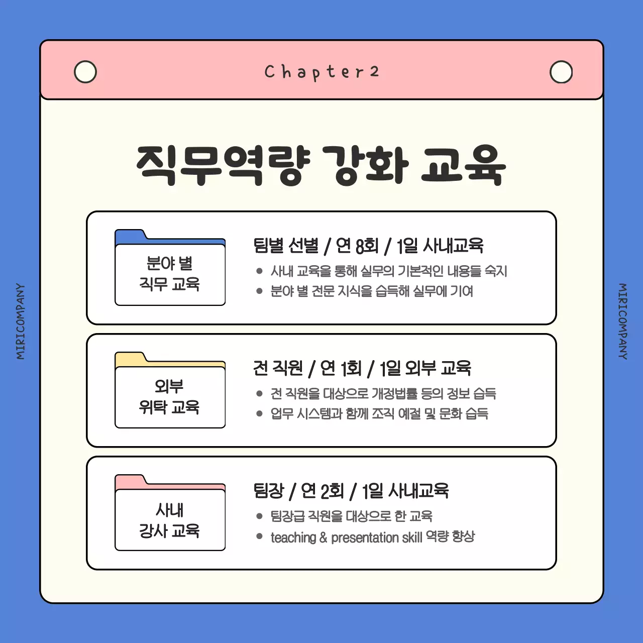 파랑과 핑크색의 아기자기한 직무교육 프로그램 안내서