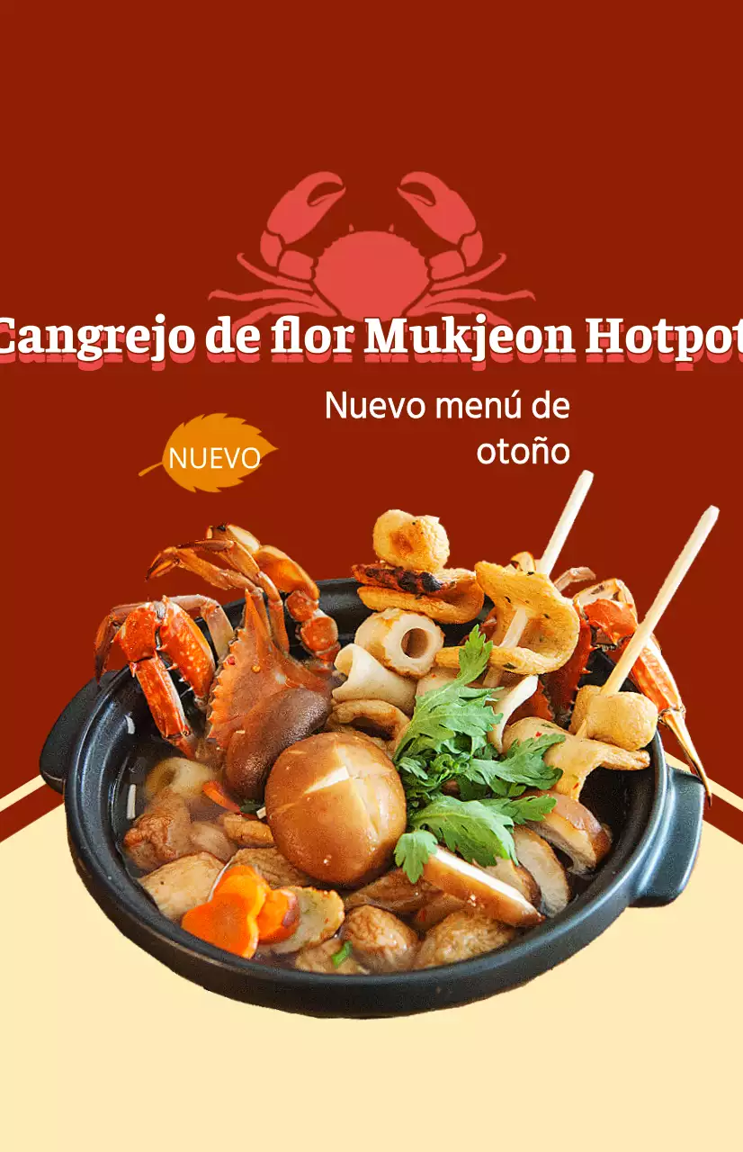 Una pieza promocional para un nuevo menú de otoño con texto e ilustraciones para un plato con cangrejos azules.