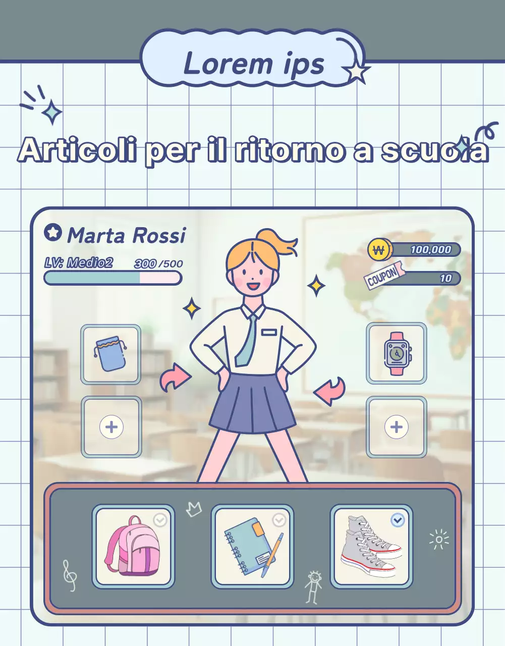 Articoli per il back-to-school con lavagna pastello ed elementi di schermo di gioco