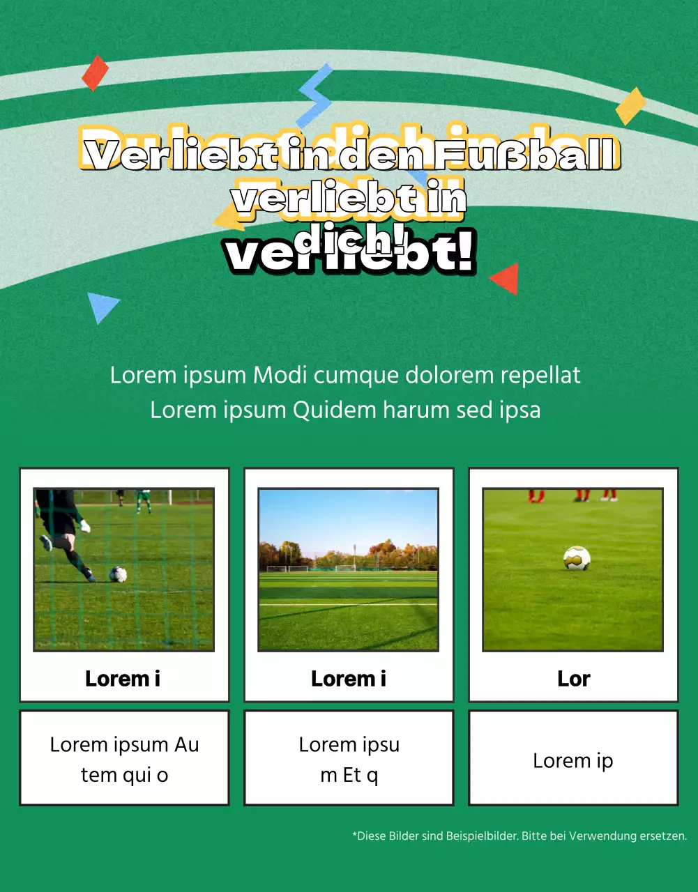 Werbeflyer für den Frauenfußball mit einem Bild eines grünen Fußballfeldes