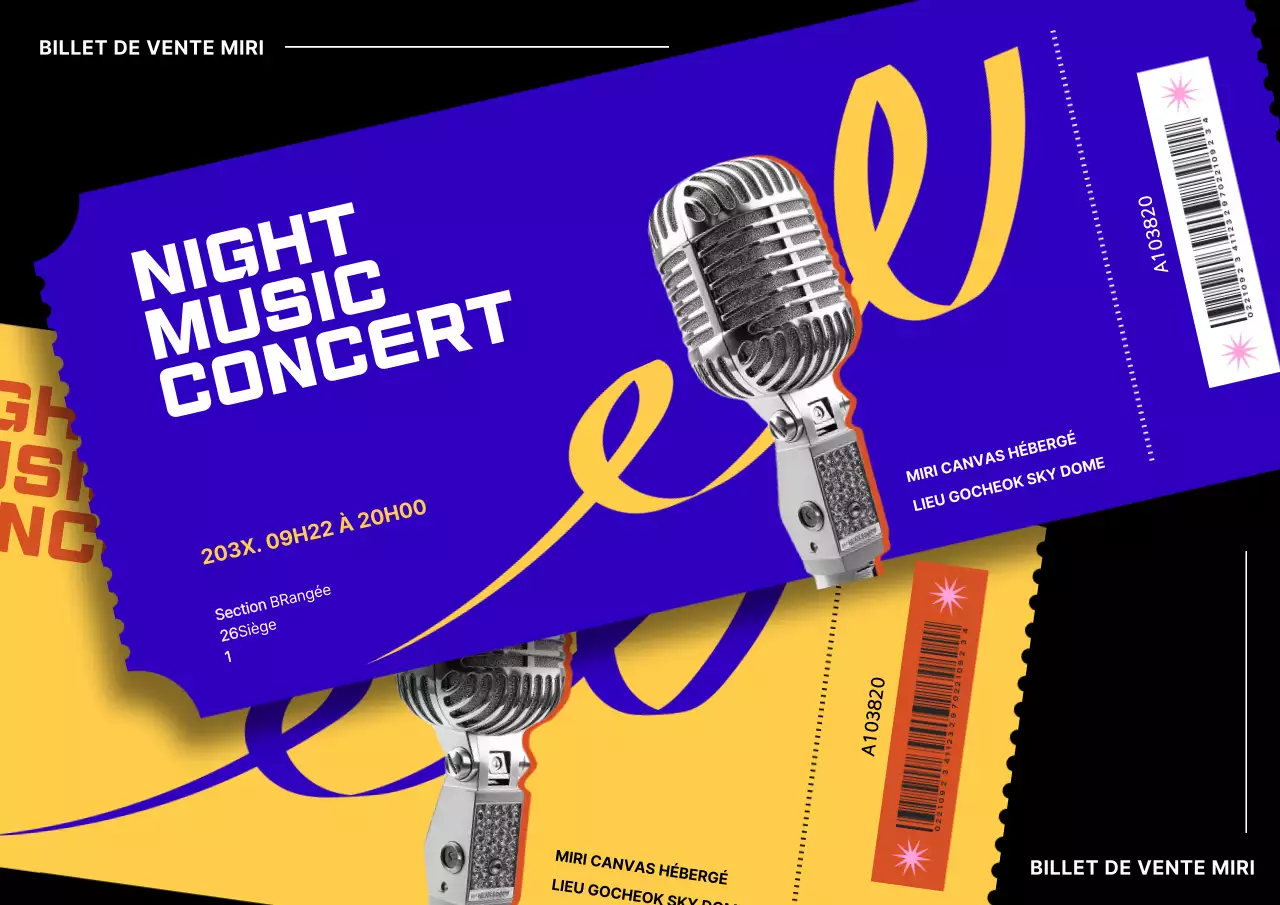 Matériel promotionnel pour un concert de musique nocturne avec des billets en bleu marine.
