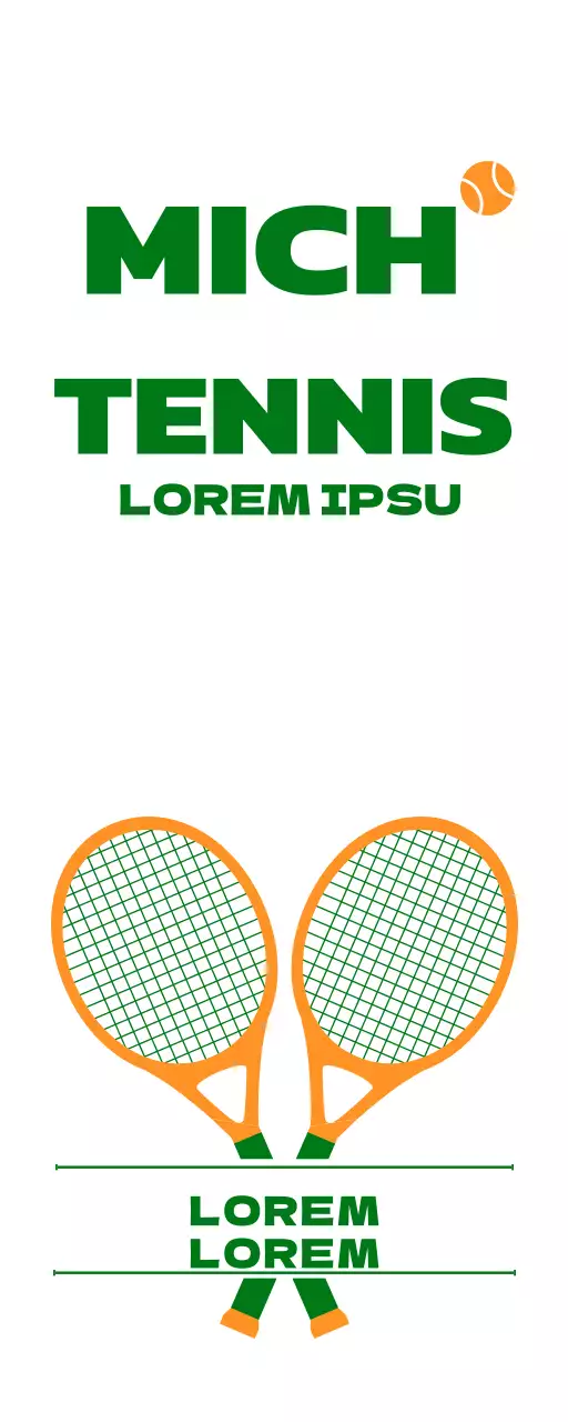 Werbung für eine Tennisschule mit einer Illustration von Tennisutensilien in Grün und Orange.