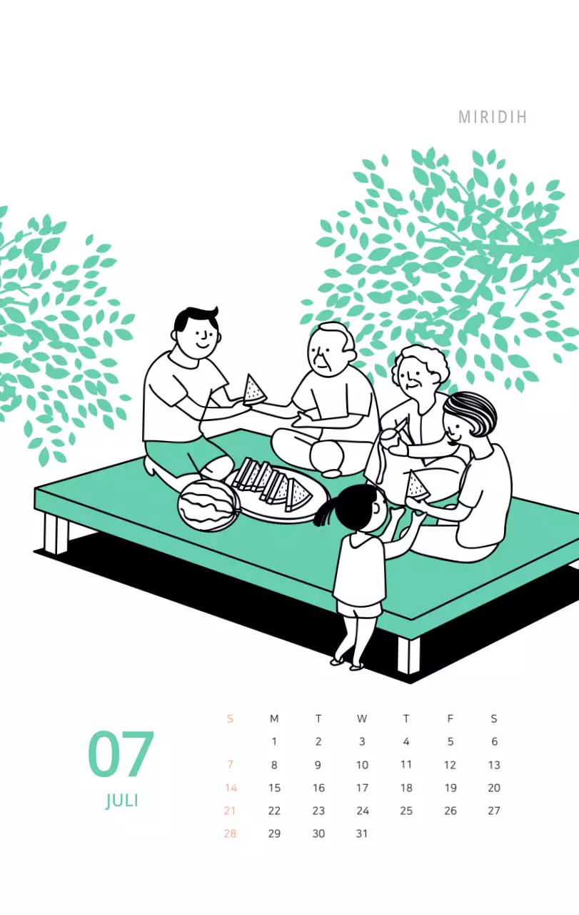 Schattige geïllustreerde groene bureaukalender met familiethema