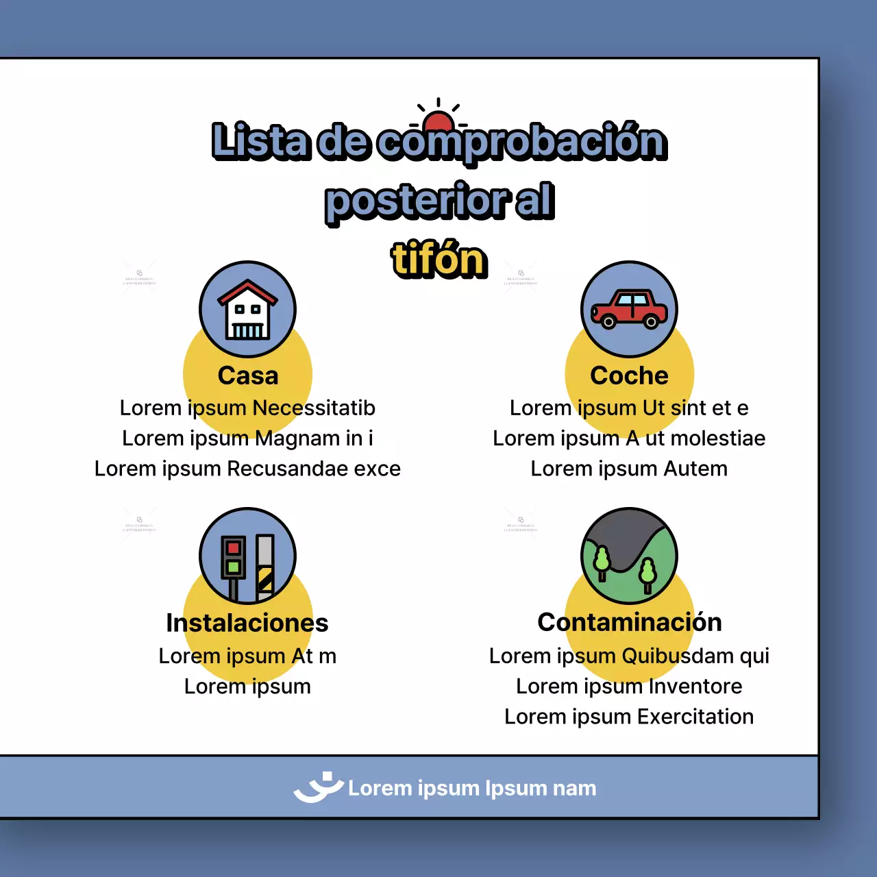 Un post sobre cómo afrontar los daños del tifón en azul y amarillo