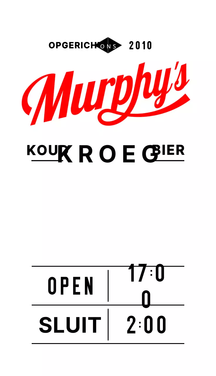 Een retro-kijkend menu opening uren teken met wit zwart rood pub storefront tekst en illustraties