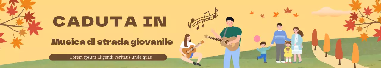 Striscione Busking con un'illustrazione di persone che ascoltano musica su uno sfondo autunnale di aceri