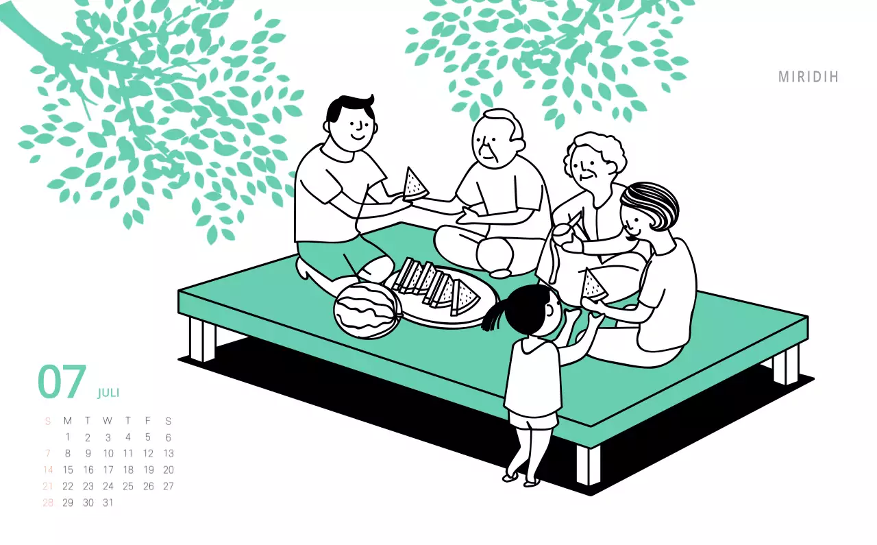 Schattige geïllustreerde groene bureaukalender met familiethema