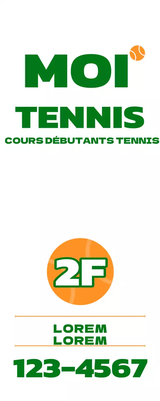 Promotion d'une école de tennis avec une illustration de matériel de tennis en vert et orange.