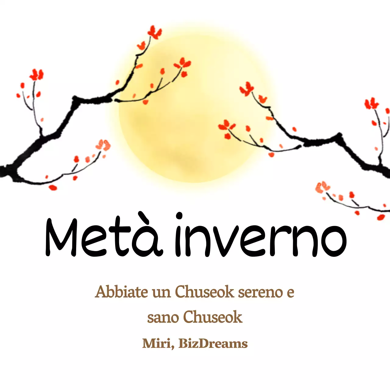 Auguri di metà autunno con luna piena gialla e albero fiorito rosso su sfondo bianco