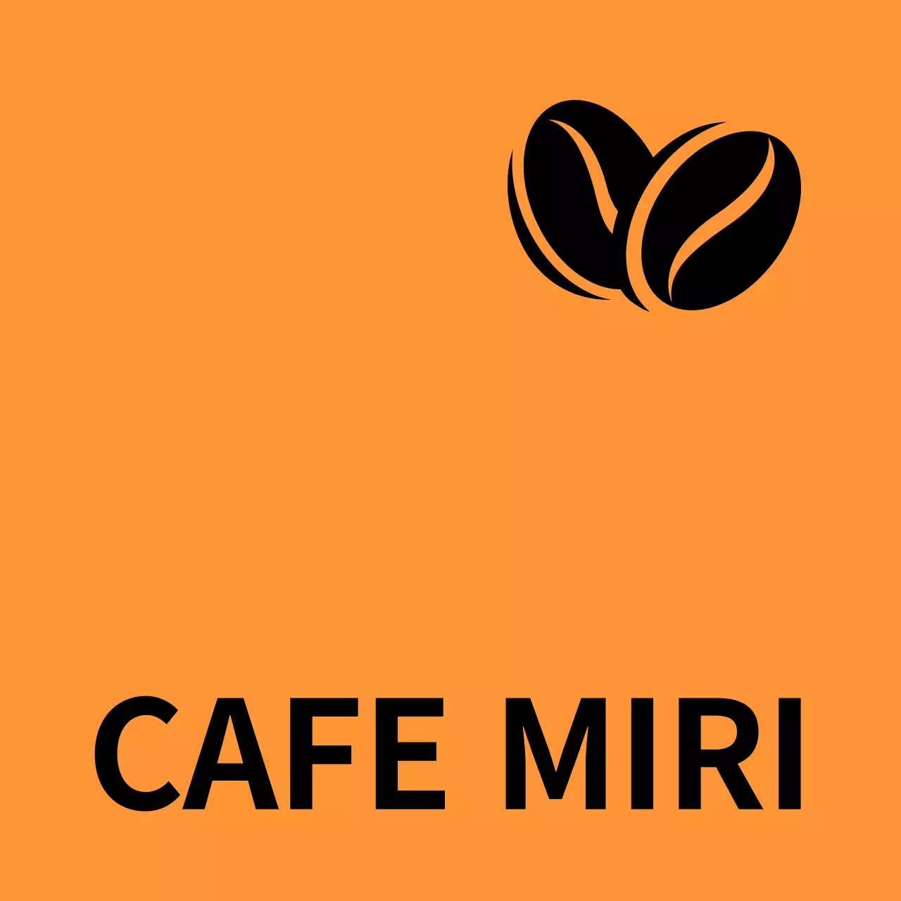 Einfache Schaufensterbeschriftung mit orange-schwarz-weißem Miricafe-Text und Bohnen-Illustrationen