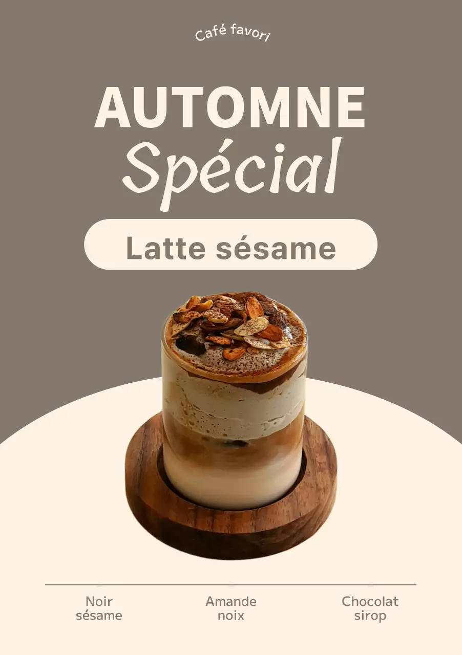 Affiche sur les boissons d'automne avec titre en caractères multiples et photo d'un latte aux cacahuètes