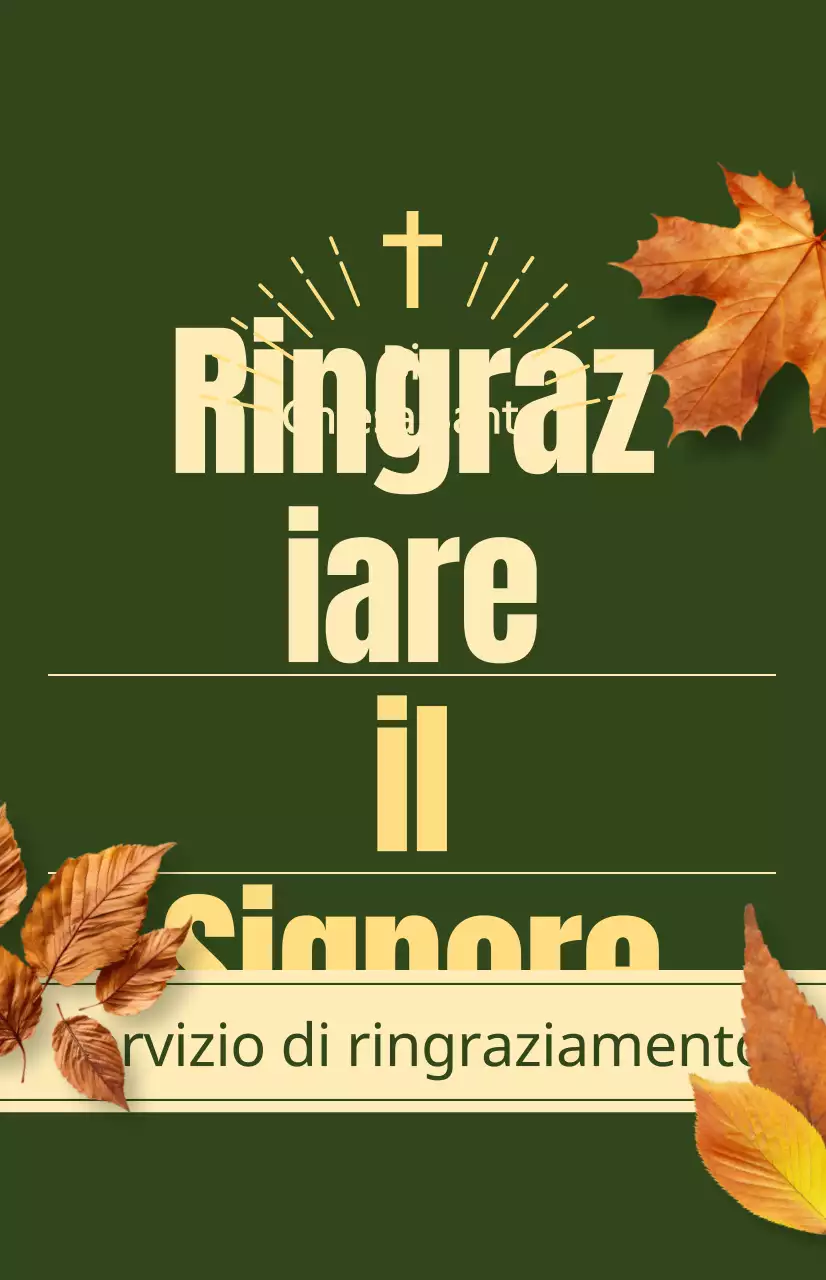 Promozione di un servizio autunnale della chiesa con testo relativo al Giorno del Ringraziamento e un'illustrazione fotografica di foglie che cadono.