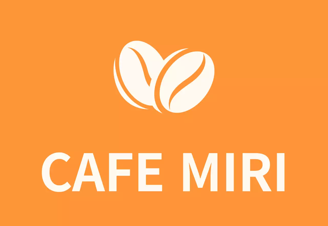 Einfache Schaufensterbeschriftung mit orange-schwarz-weißem Miricafe-Text und Bohnen-Illustrationen