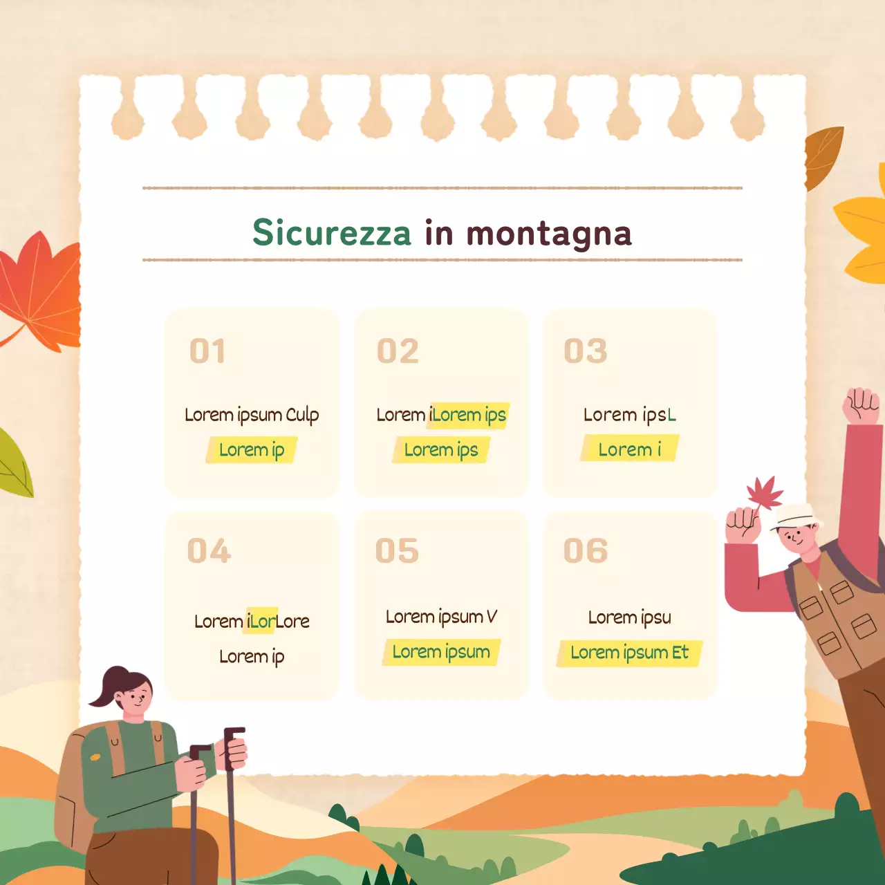 Promuovere precauzioni moderne ed essenziali per l'escursionismo autunnale in arancione e beige