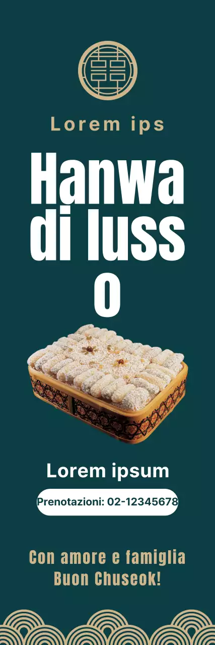 Promuovere la prenotazione anticipata dei set di spuntini coreani Chuseok con motivi tradizionali coreani su un lussuoso sfondo turchese.