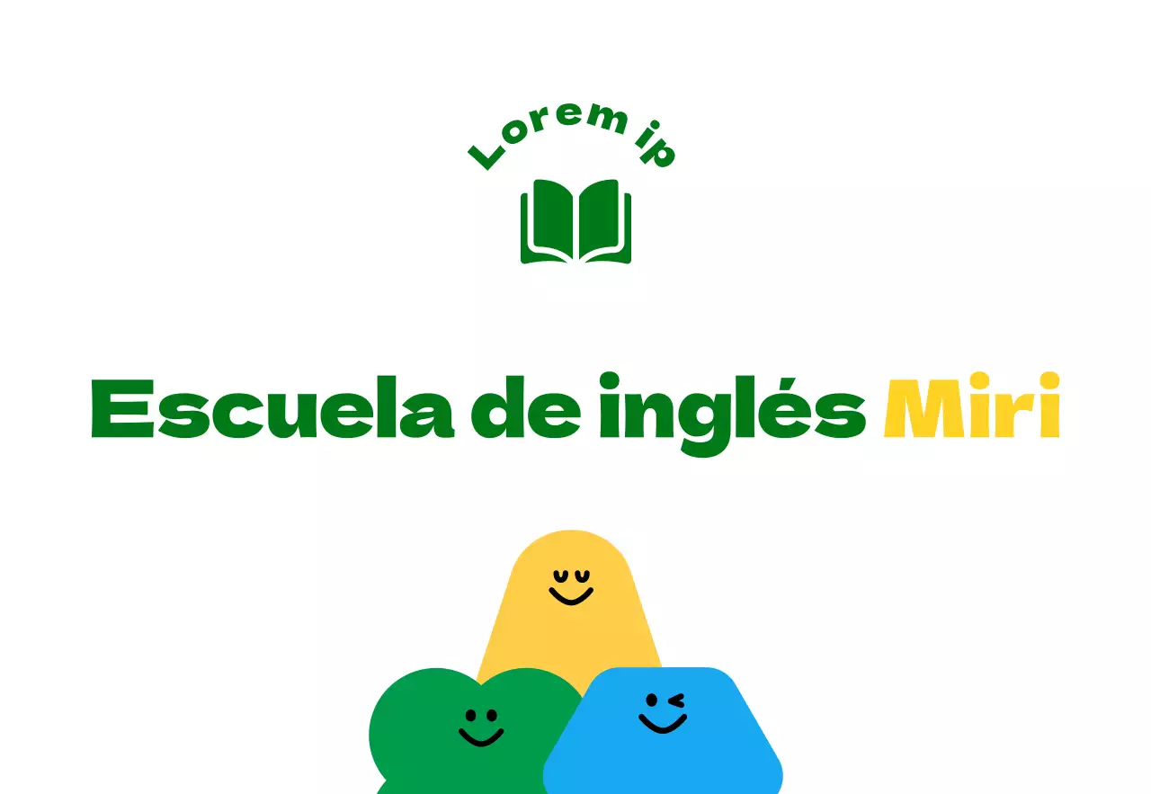 Para promocionar una escuela de inglés para alumnos de primaria con una simpática ilustración de un personaje de dibujos animados verde y amarillo.