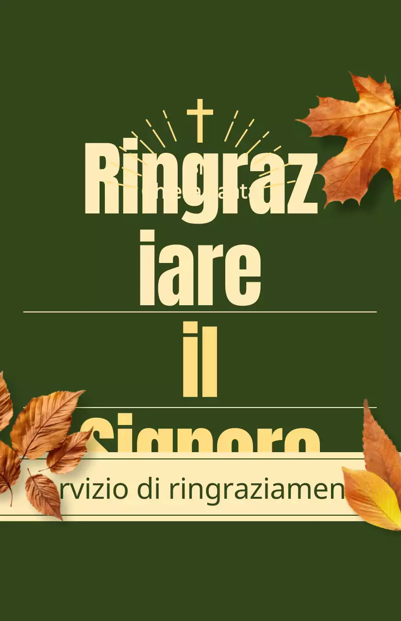 Promozione di un servizio autunnale della chiesa con testo relativo al Giorno del Ringraziamento e un'illustrazione fotografica di foglie che cadono.
